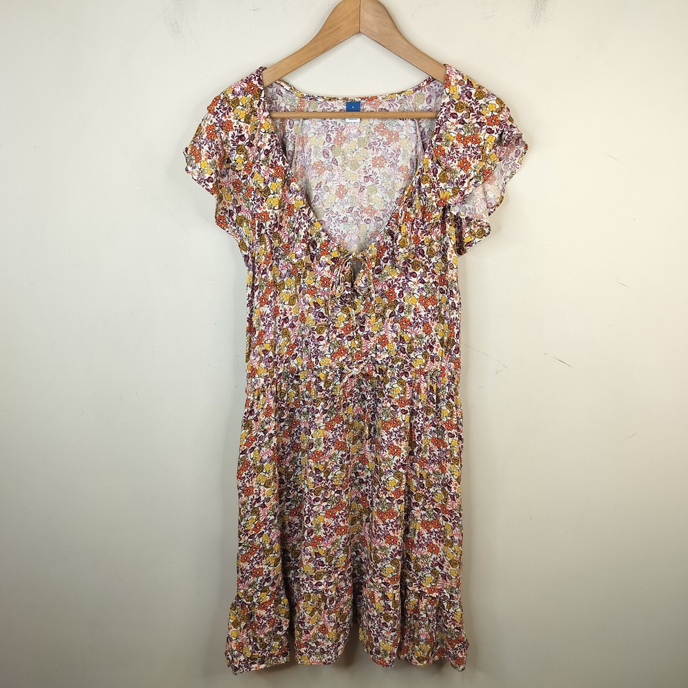 Old Navy Floral Ruffled Dress Large Pockets Flutter Sleeve Boho Multicolor